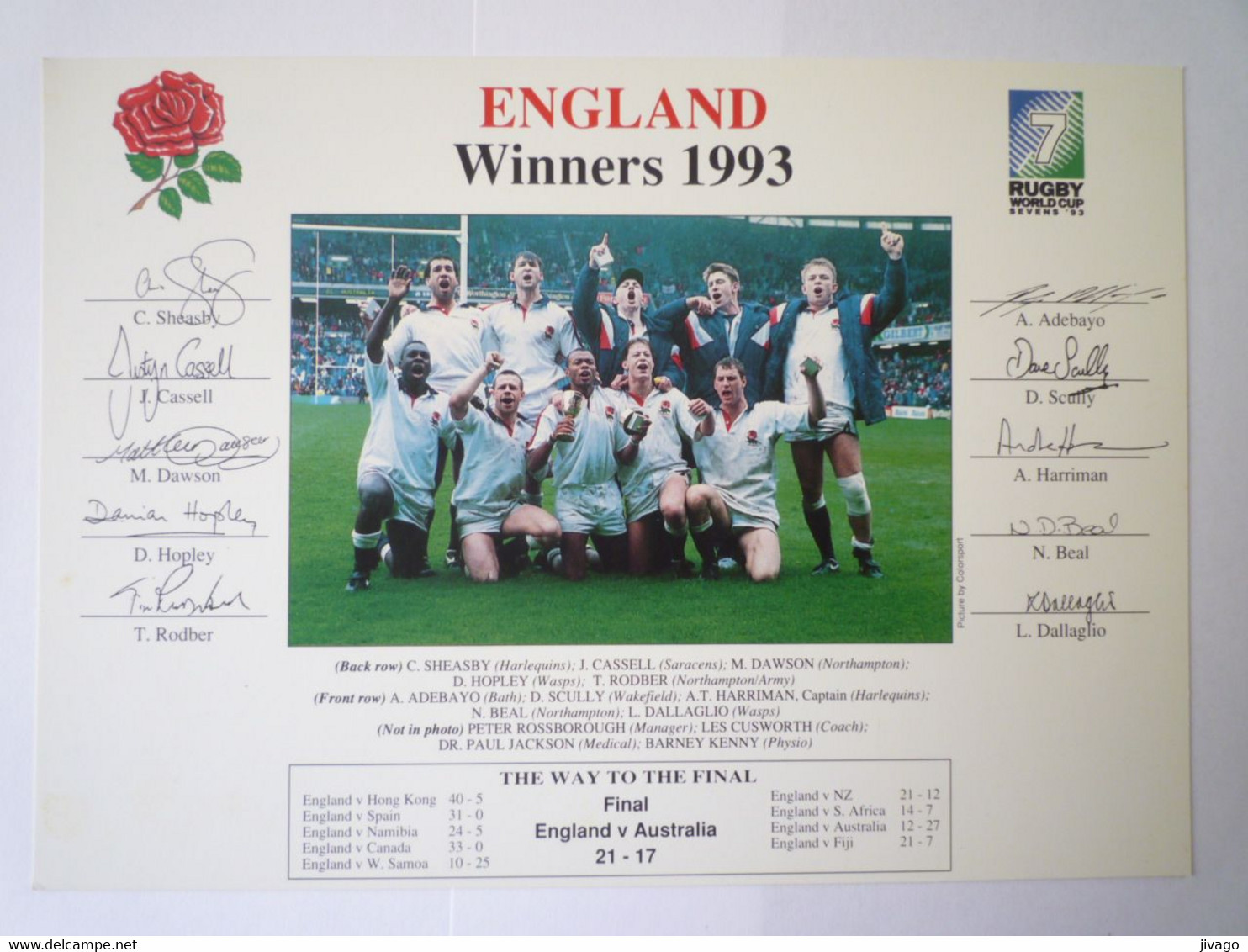 2022 - 1049  RUGBY  :  ENGLAND  WINNERS  1993  (format 21 X 15cm)   XXX - Rugby