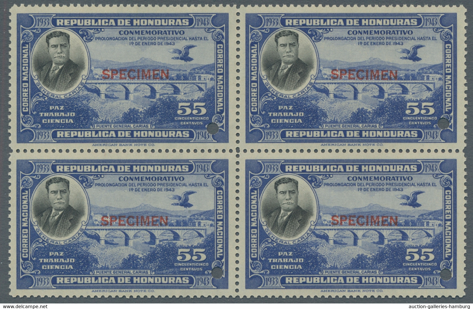 Honduras: 1937, Commemorative Issue For President Carias In Blocks Of 4 With Red - Honduras