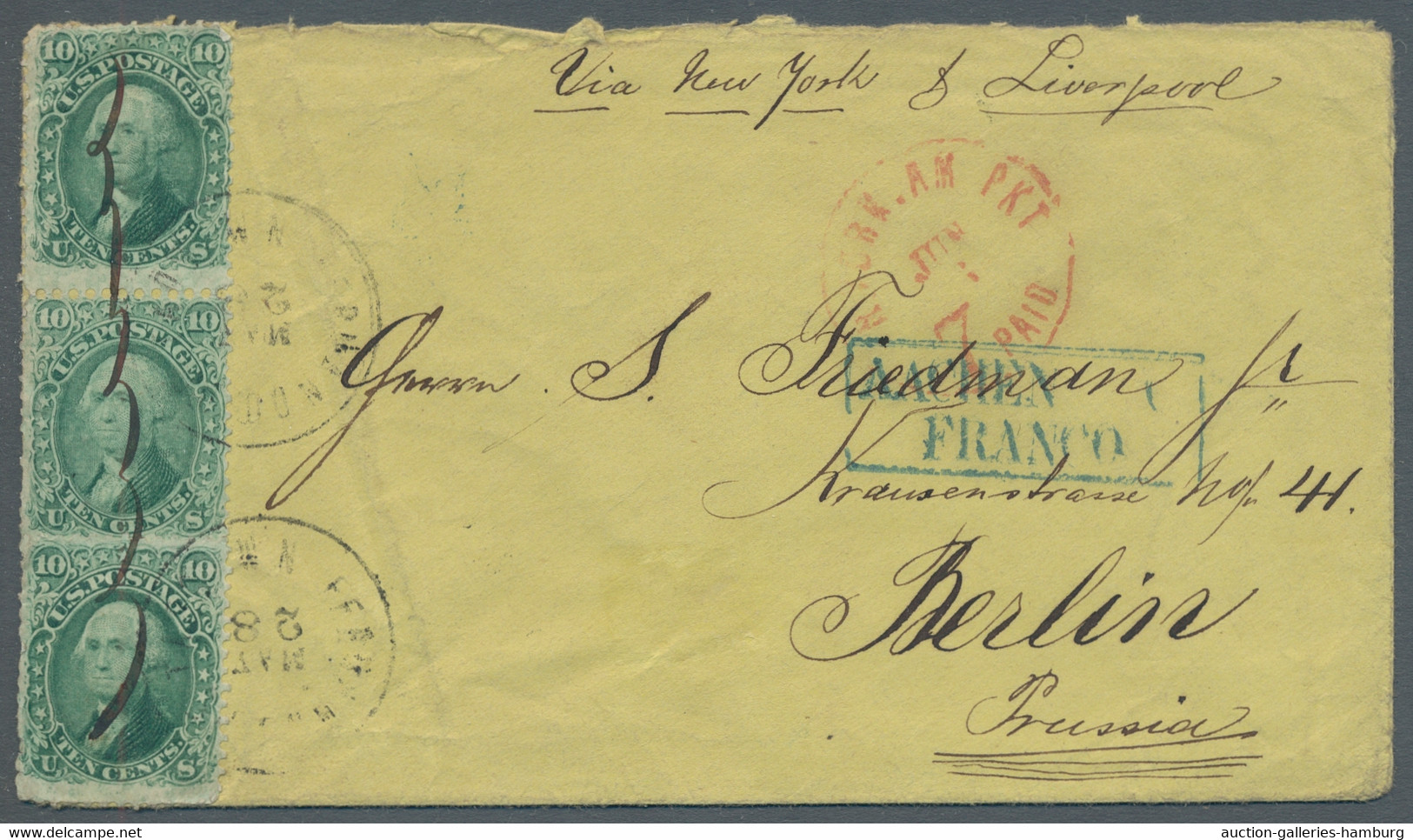 United States: (1868), Vertical Pair And Single Stamp 10c. Green On Cover To Ber - Covers & Documents