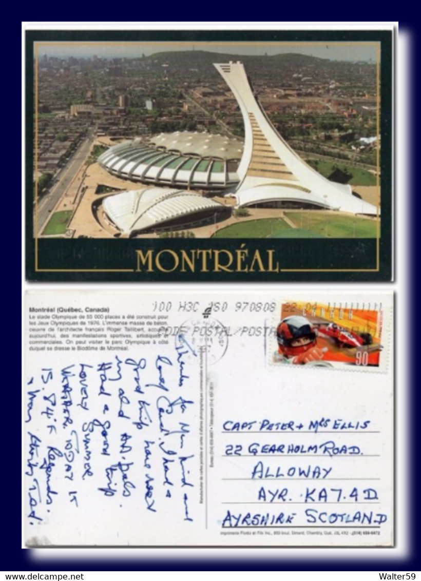 1997 Canada Carte Du Stade Olympique De Montreal Voyagee Pour L'Ecosse Postcard - Histoire Postale