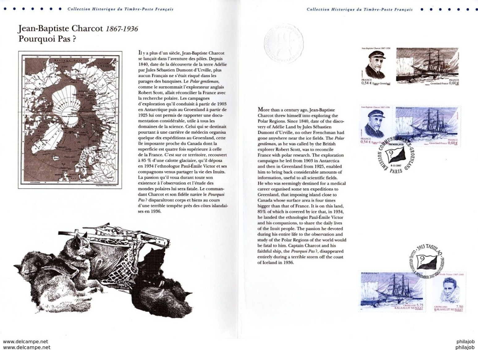 " FRANCE / GROENLAND 2007 CHARCOT / VICTOR " Sur Document Philatélique Officiel 4 Pages N° YT P4110 Parf état - Explorateurs & Célébrités Polaires