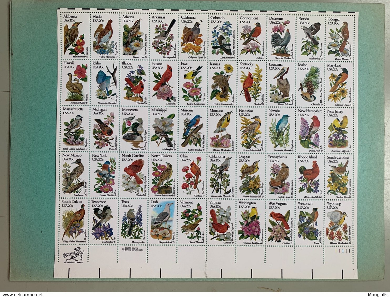 1982 USA #1953-2002 TIMBRE NEUF  20 C OrnithOISEAUX & FLEURS Feuille De 50 Neuf Sans Charnieres - Ganze Bögen