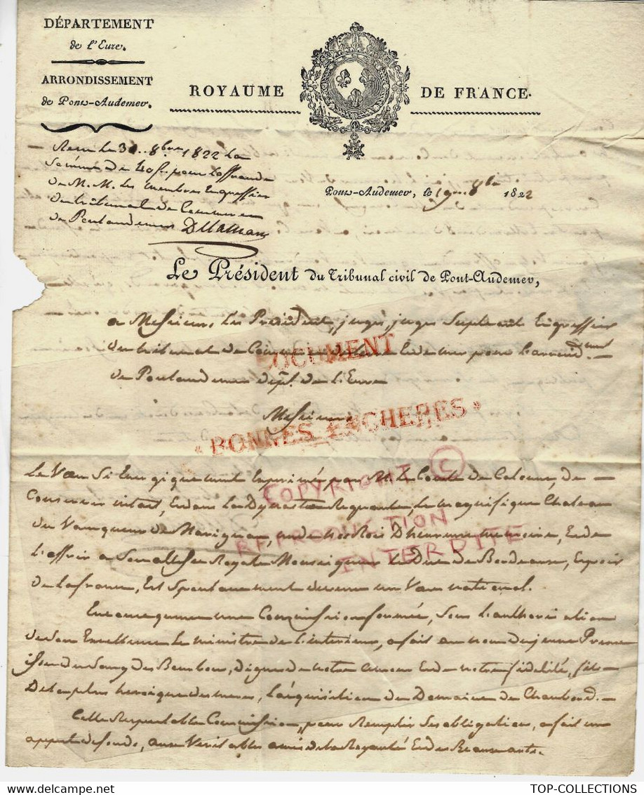 1822 ENTETE ROYAUME DE FRANCE JUSTICE PRESIDENT TRIBUNAL CVIL PONT AUDEMER Eure Sign. Delaman - Historische Dokumente