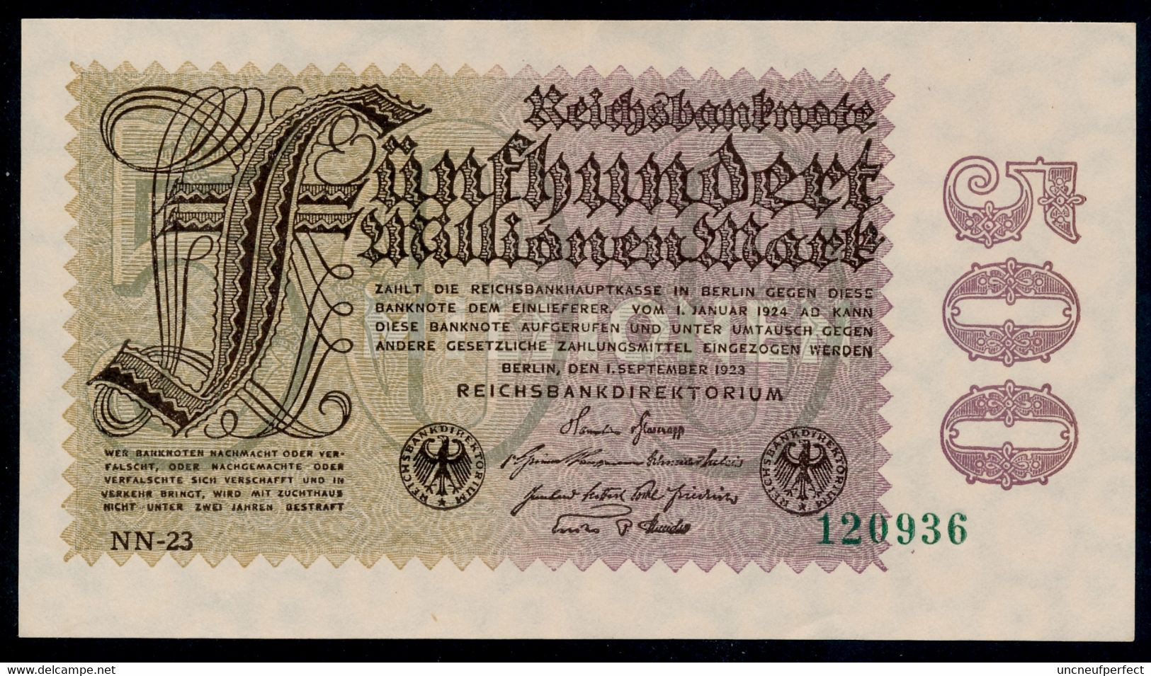 P110e Ro109f 500 Million Mark 01-09-1923. AUNC ,1 Plis De Liasse - 500 Miljoen Mark