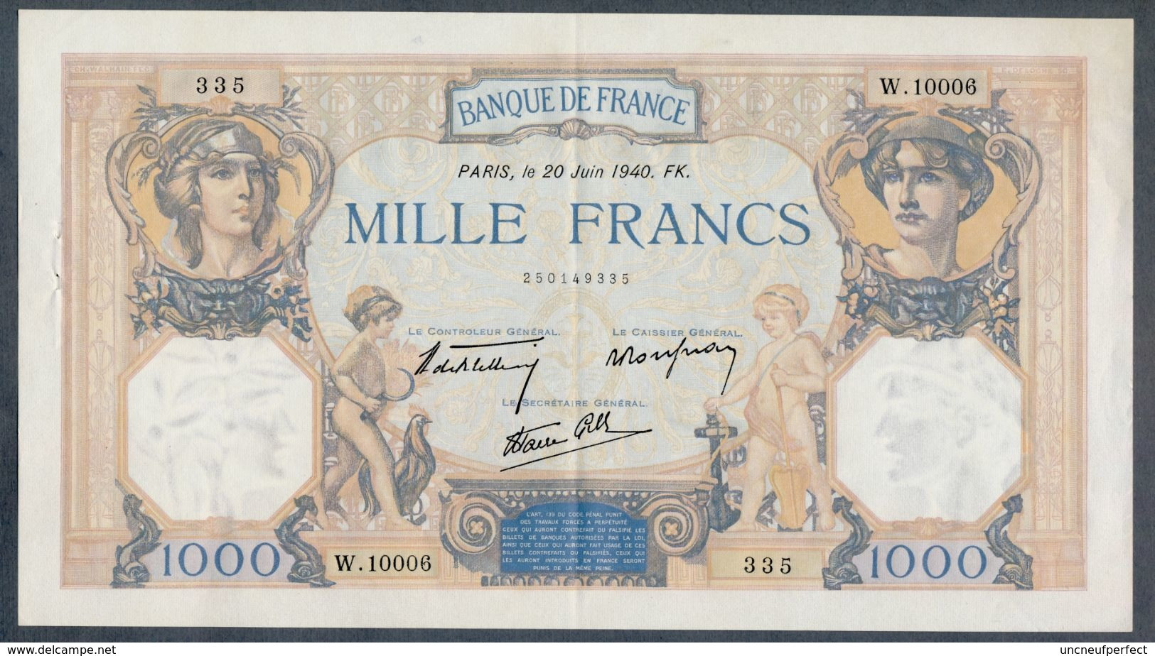 1000 Francs 20/06/1940 SPL- !!! - 1 000 F 1927-1940 ''Cérès Et Mercure''