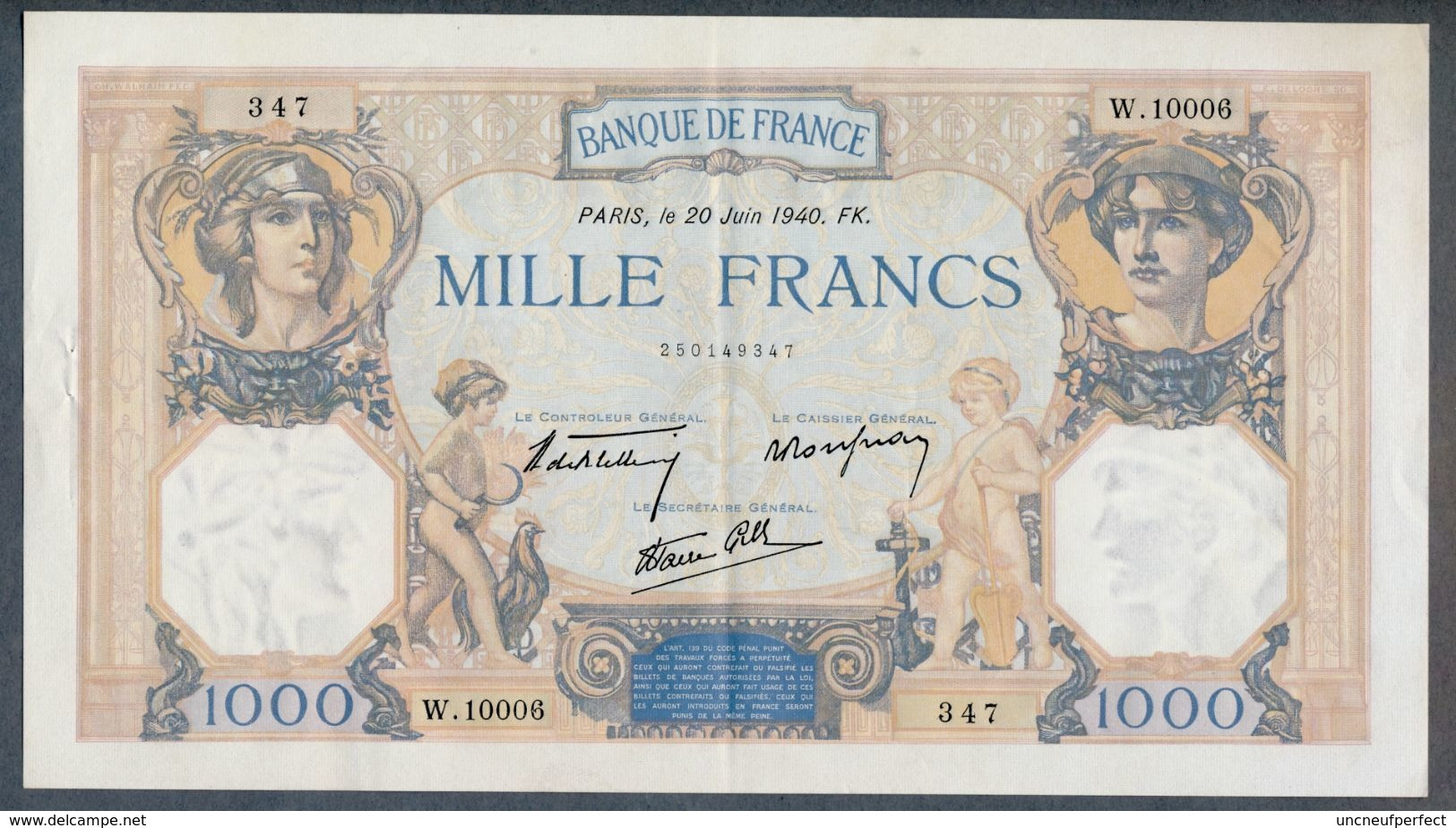 1000 Francs 20/06/1940 SPL- !!! - 1 000 F 1927-1940 ''Cérès Et Mercure''