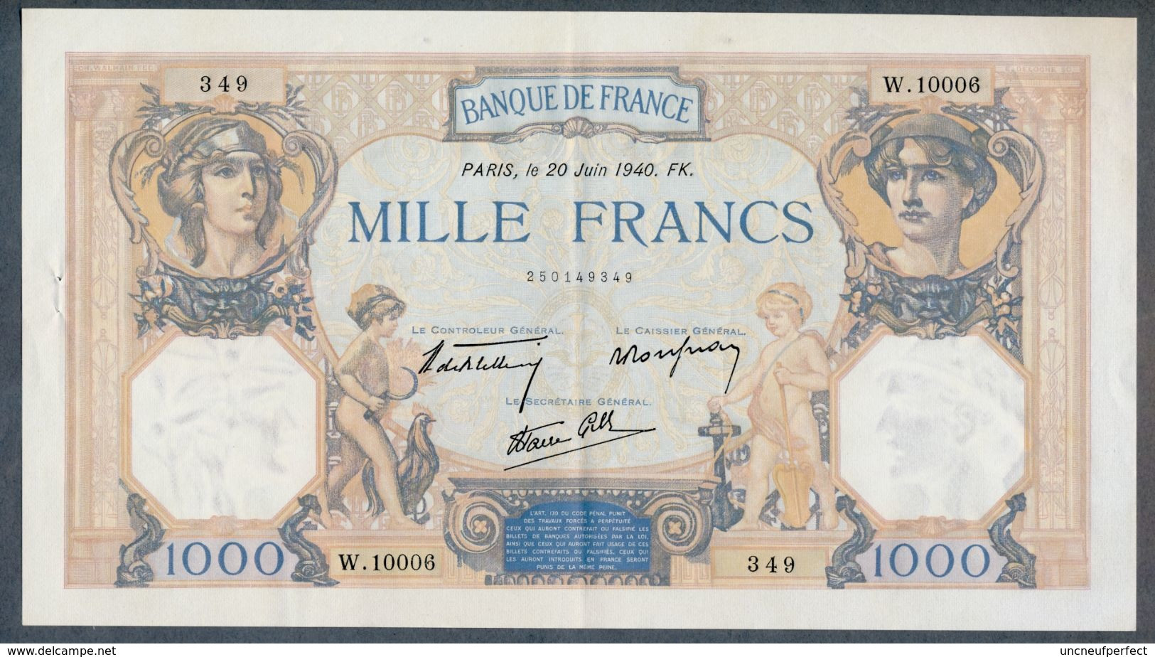 1000 Francs 20/06/1940 SPL- !!! - 1 000 F 1927-1940 ''Cérès Et Mercure''