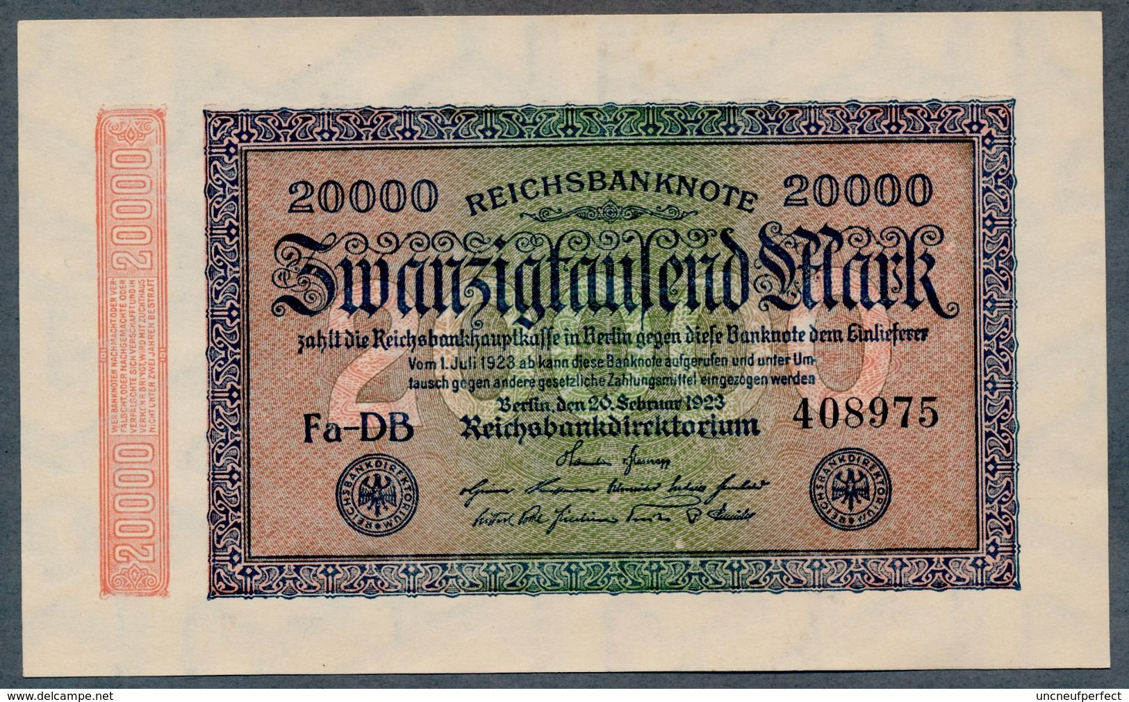 Pick 85b Ro84e DEU-95i 20000 Mark 1923 UNC NEUF! - 20.000 Mark