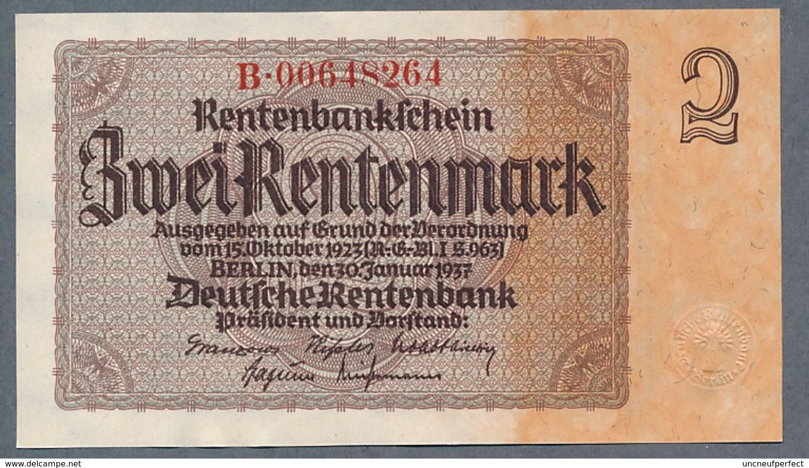 P174b Ro167c DEU-223c  2 Rentenmark 1937 UNC NEUF! - 2 Rentenmark