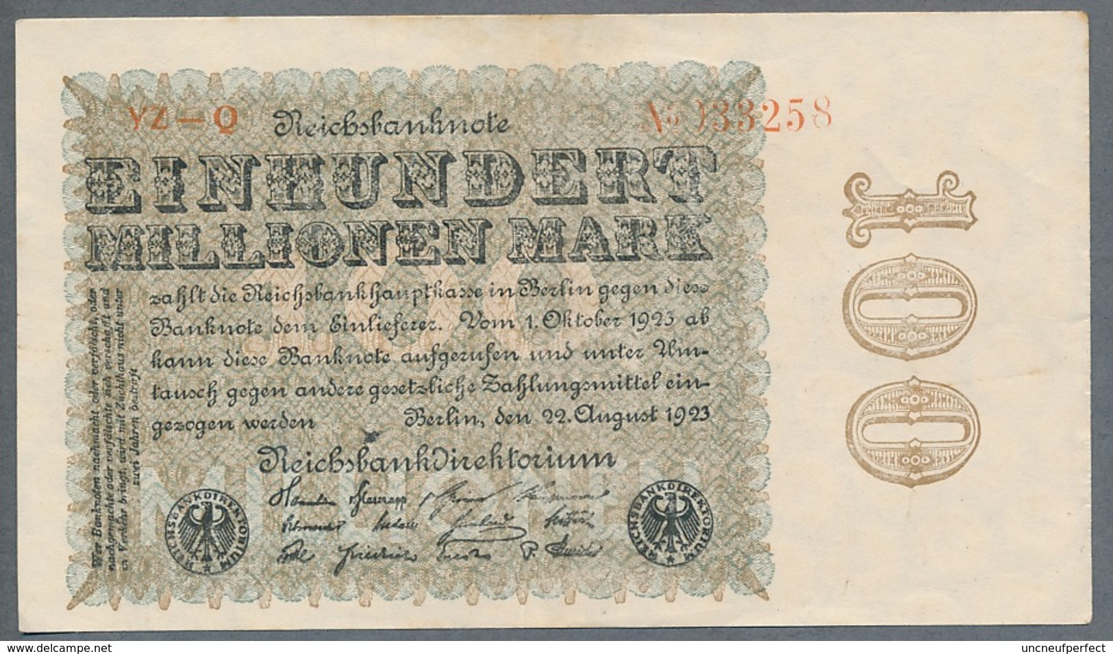 P107e Ro106t  DEU-120j 100 Million Mark 1923  XF+ - 100 Mio. Mark