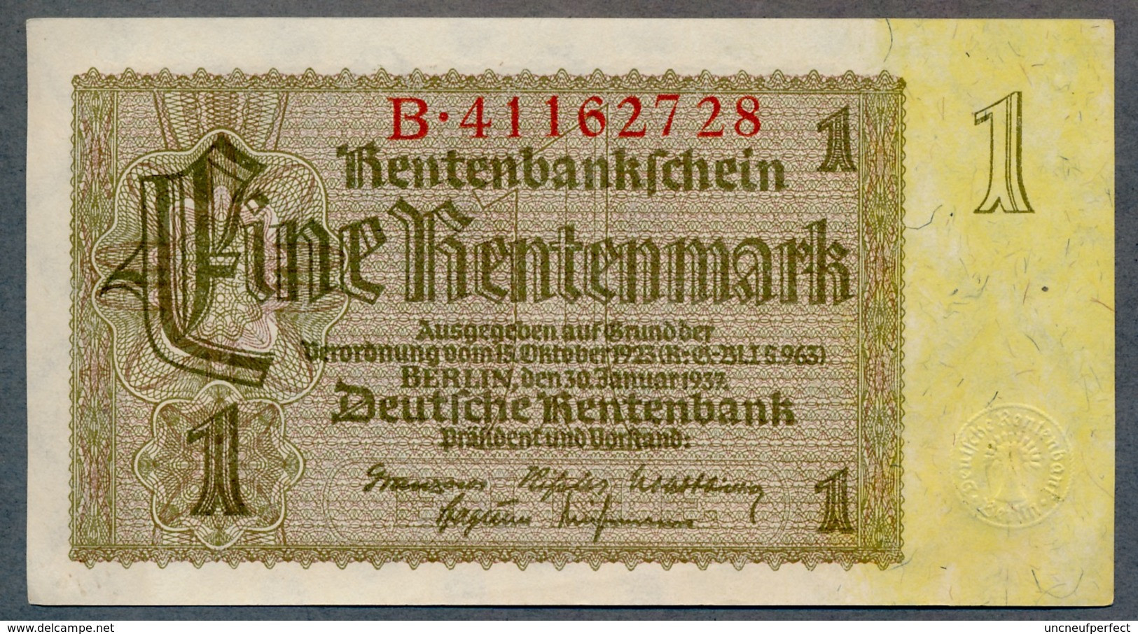 P173b Ro166b DEU-222b 1 Rentenmark 1937 UNC NEUF! - 1 Rentenmark