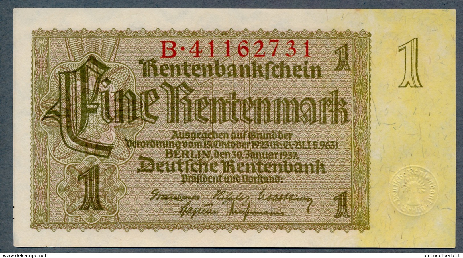 P173b Ro166b DEU-222b 1 Rentenmark 1937 UNC NEUF! - 1 Rentenmark