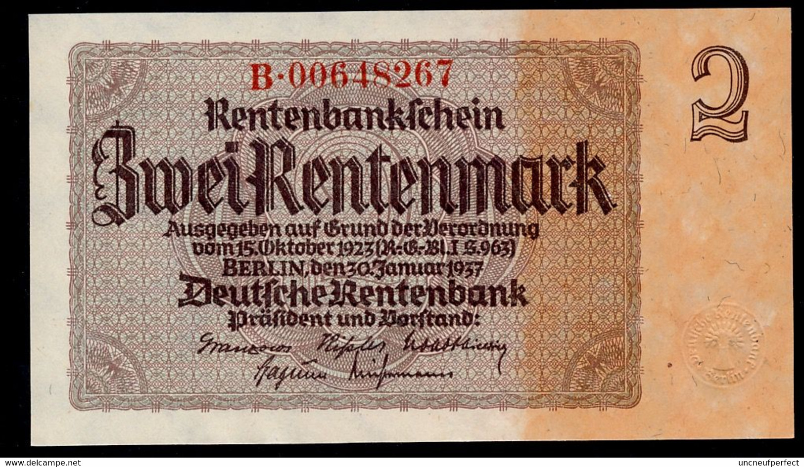 P174b Ro167c DEU-223c  2 Rentenmark 1937 UNC NEUF! - 2 Rentenmark