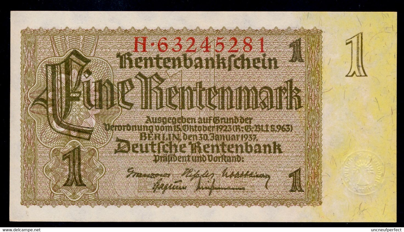 P173b Ro166b DEU-222b 1 Rentenmark 1937 UNC NEUF! - 1 Rentenmark