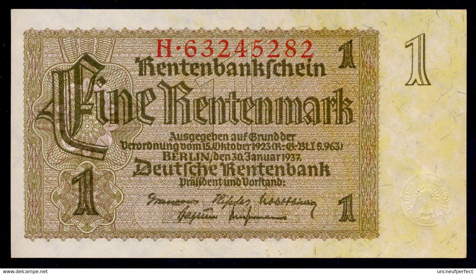 P173b Ro166b DEU-222b 1 Rentenmark 1937 UNC NEUF! - 1 Rentenmark