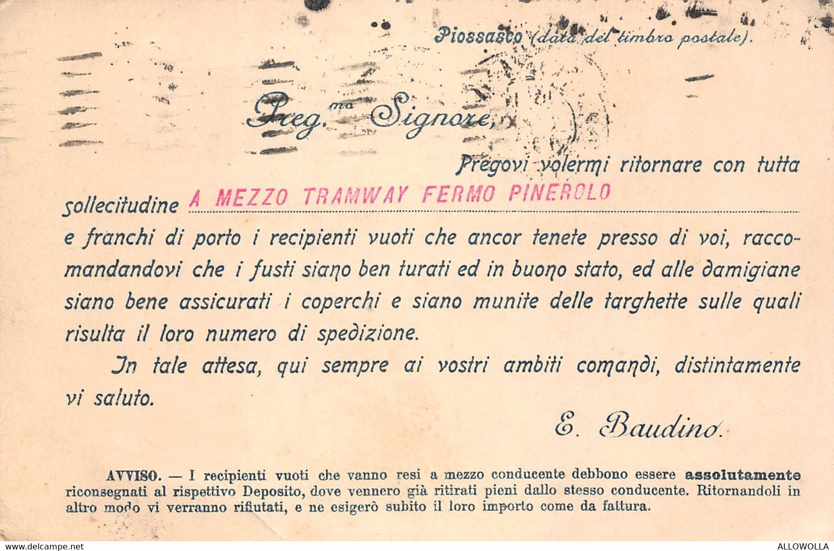 15803" E. BAUDINO-PIOSSASCO-TORINO-PREM. FABBRICA VINO VERMOUTH E LIQUORI "-CART. POST. SPED. 1927 - Marchands