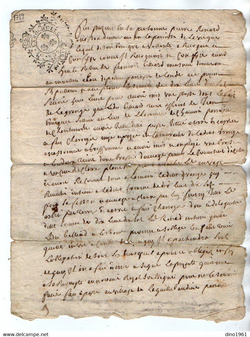 VP19.311 - LA ROCHELLE - Acte De 1719 - Quittance - Par Mr RENARD à Mr  P. BILLARD Au Moulin De Pallut à LANDES - Seals Of Generality