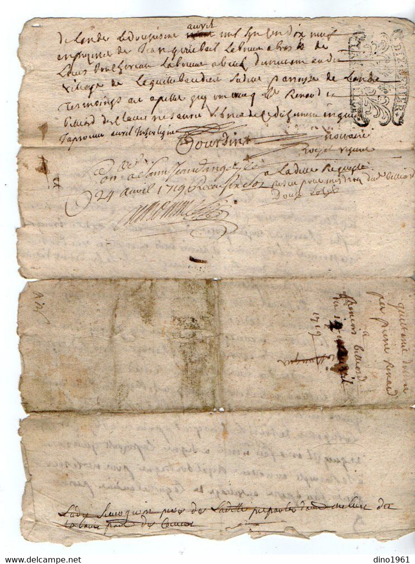 VP19.311 - LA ROCHELLE - Acte De 1719 - Quittance - Par Mr RENARD à Mr  P. BILLARD Au Moulin De Pallut à LANDES - Seals Of Generality