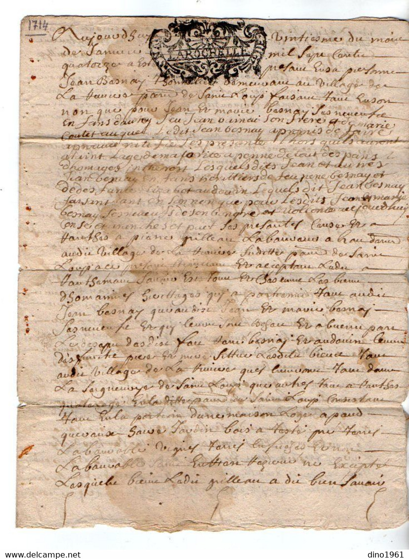 VP19.312 - Cachet De Généralité De LA ROCHELLE - Acte De 1714 -  SAINT JEAN D'ANGELY Et Autres ...... - Gebührenstempel, Impoststempel