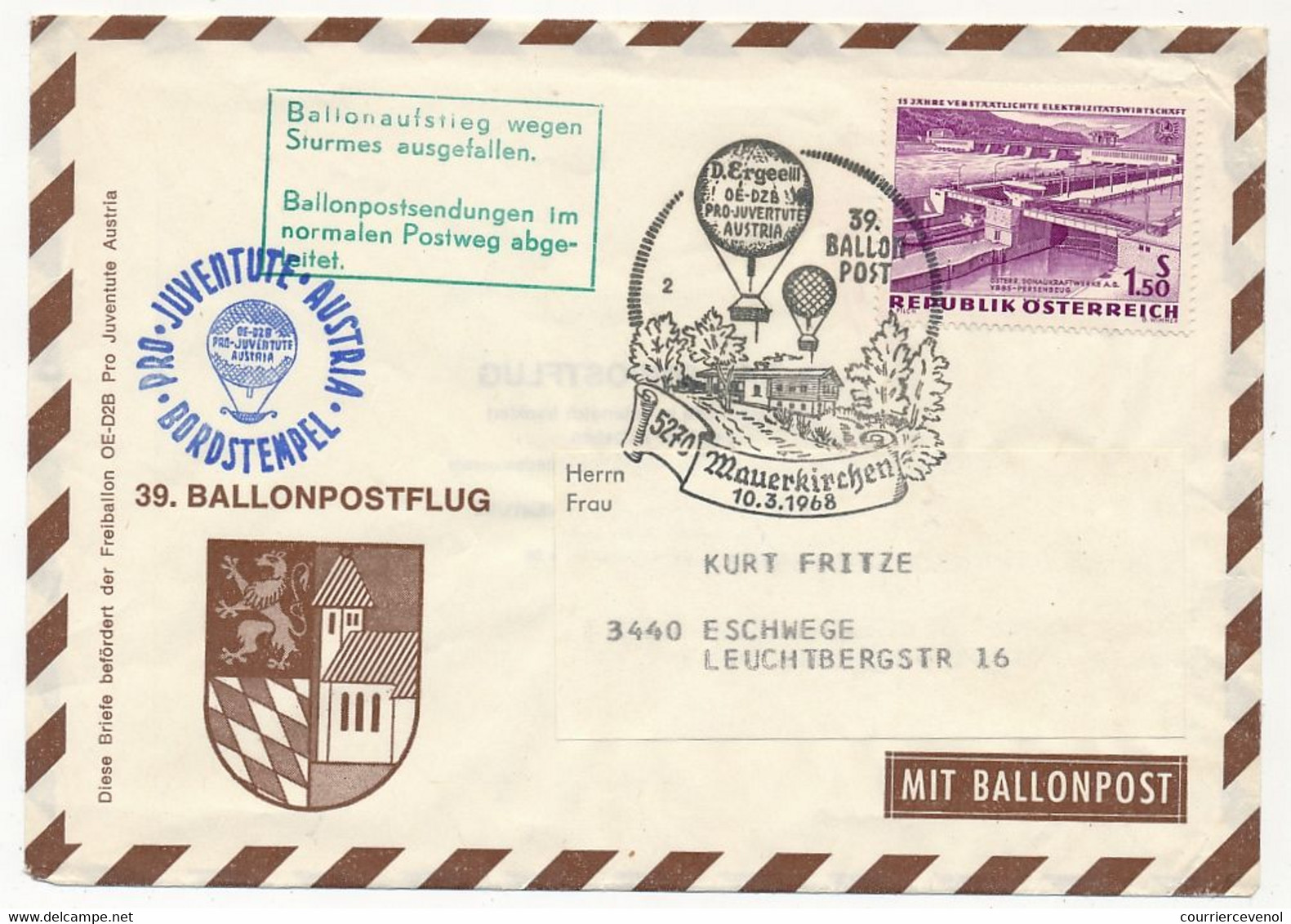 AUTRICHE - Env. - 39 BALLONPOSTFLUG Pro Juventute - 5270 Mauerkirchen - 10/3/1968 - Ballons