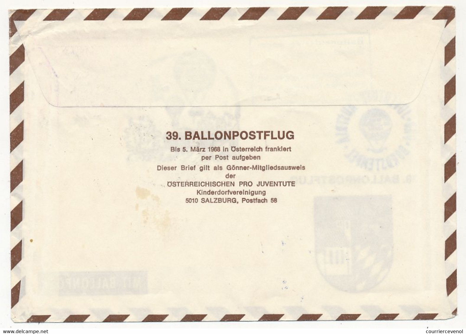 AUTRICHE - Env. - 39 BALLONPOSTFLUG Pro Juventute - 5270 Mauerkirchen - 10/3/1968 - Ballonpost