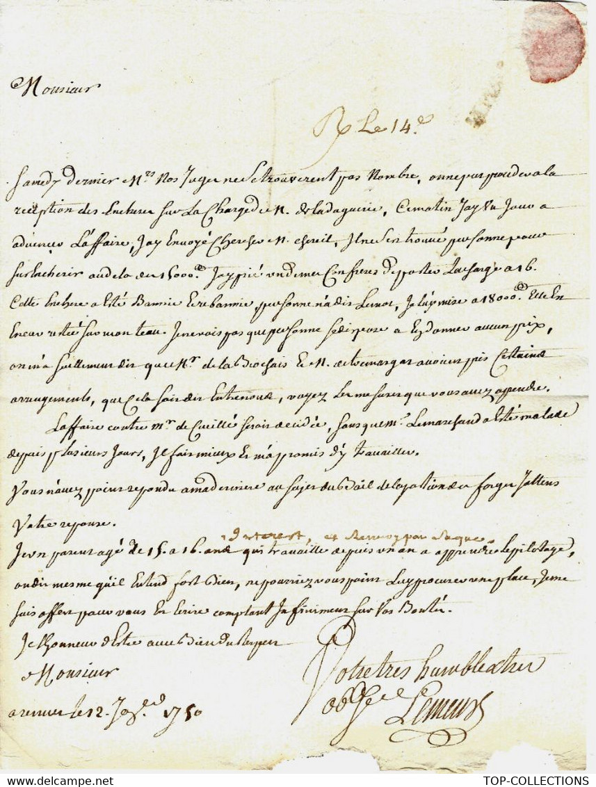 1750 LETTRE Par LEMEUX  De Rennes   Pour OHIER Banquier  à St Malo  Ille Et Vilaine VOIR HISTORIQUE - Manuscrits