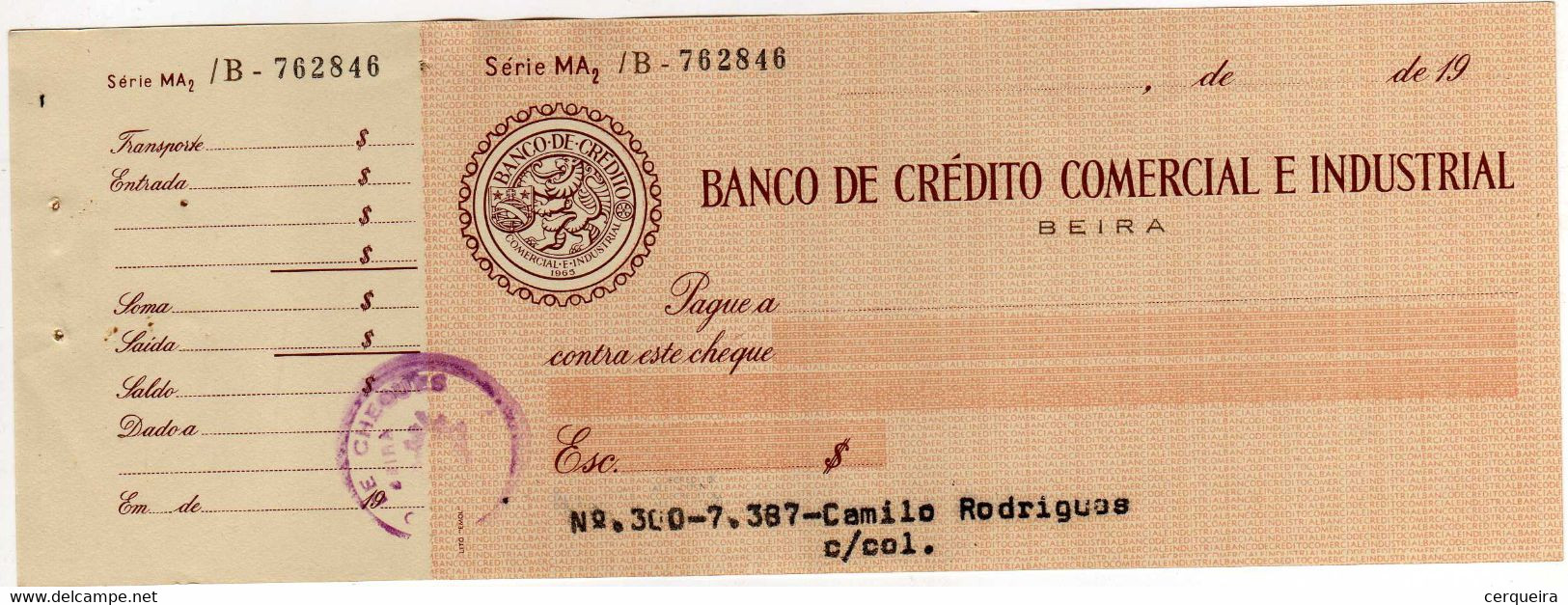 BEIRA-MOÇAMBIQUE-Portugal, Bank Check / Chèque Bancaire-BANCO DE CRÉDITO COMERCIAL E INDUSTRIAL - Chèques & Chèques De Voyage