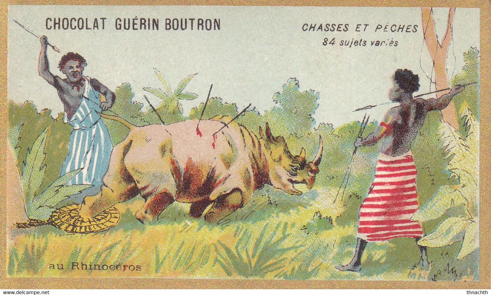 Chromo CHOCOLAT GUERIN BOUTRON - Chasses Et Pêches Au Rhinocéros - Guérin-Boutron