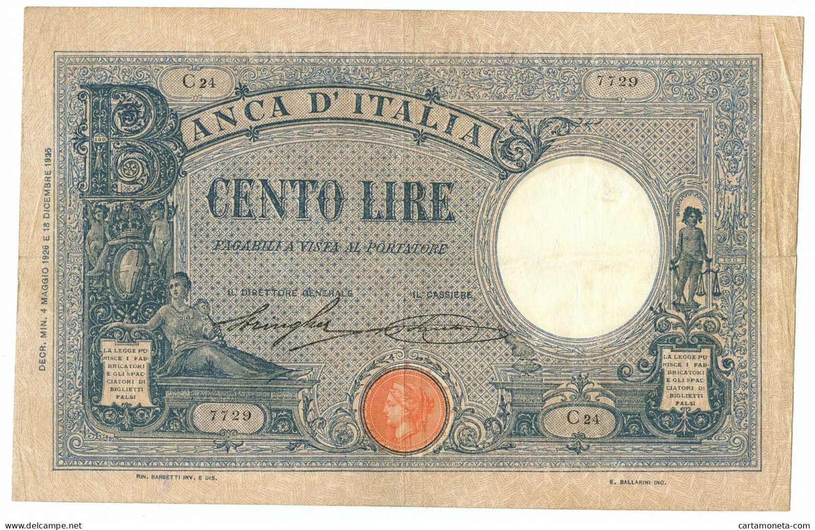 100 LIRE BARBETTI GRANDE B AZZURRO TESTINA DECRETO 04/05/1926 BB - Regno D'Italia – Autres