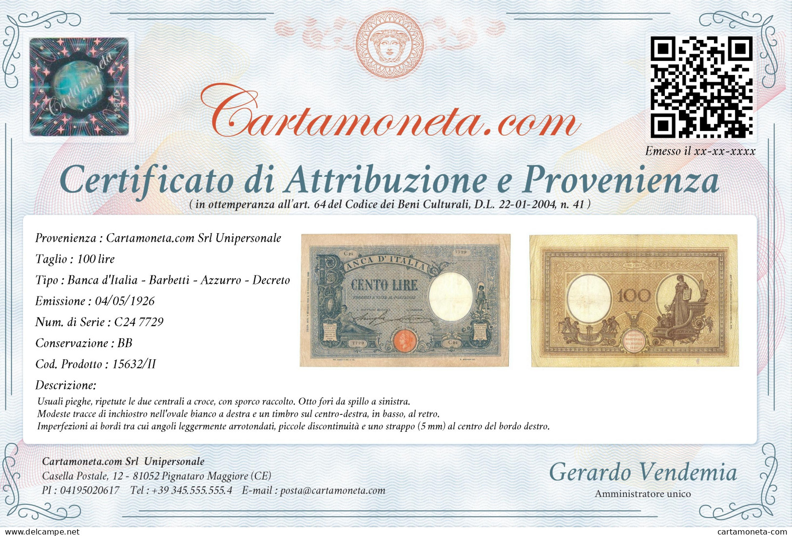 100 LIRE BARBETTI GRANDE B AZZURRO TESTINA DECRETO 04/05/1926 BB - Otros