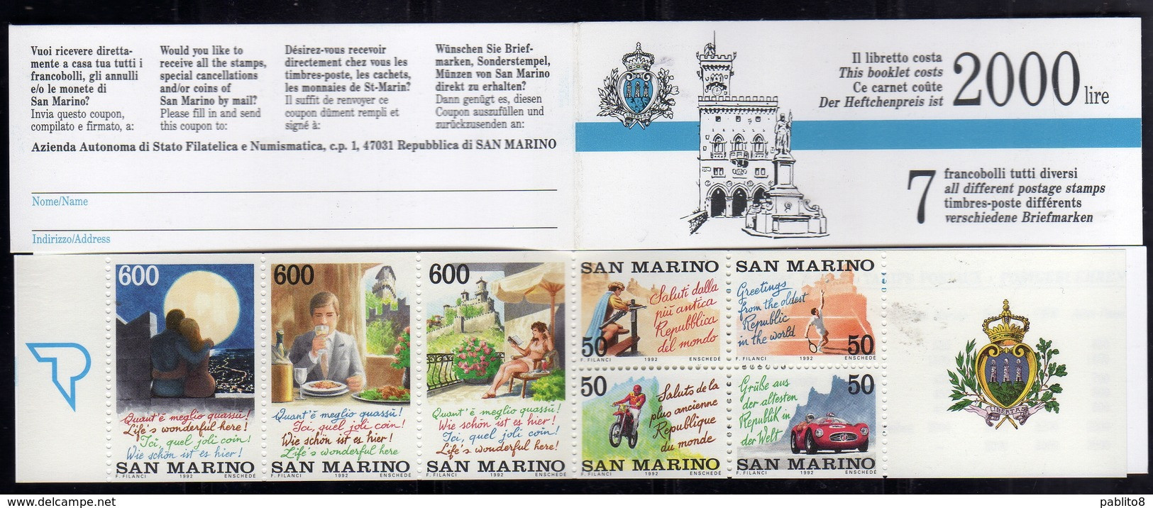 REPUBBLICA DI SAN MARINO 1992 TURISMO TOURISM LIBRETTO BOOKLET NUOVO UNUSED MNH - Libretti