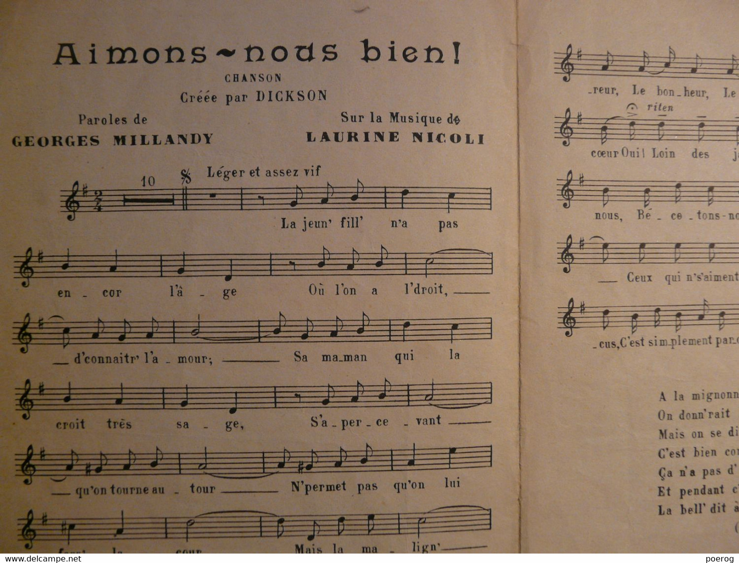 PARTITIONS 1912 - AIMONS NOUS BIEN - DICKSON - GEORGES MILLANDY LAURINE NICOLI - MAUREL EDITEUR - ORGERET LYON - Spartiti