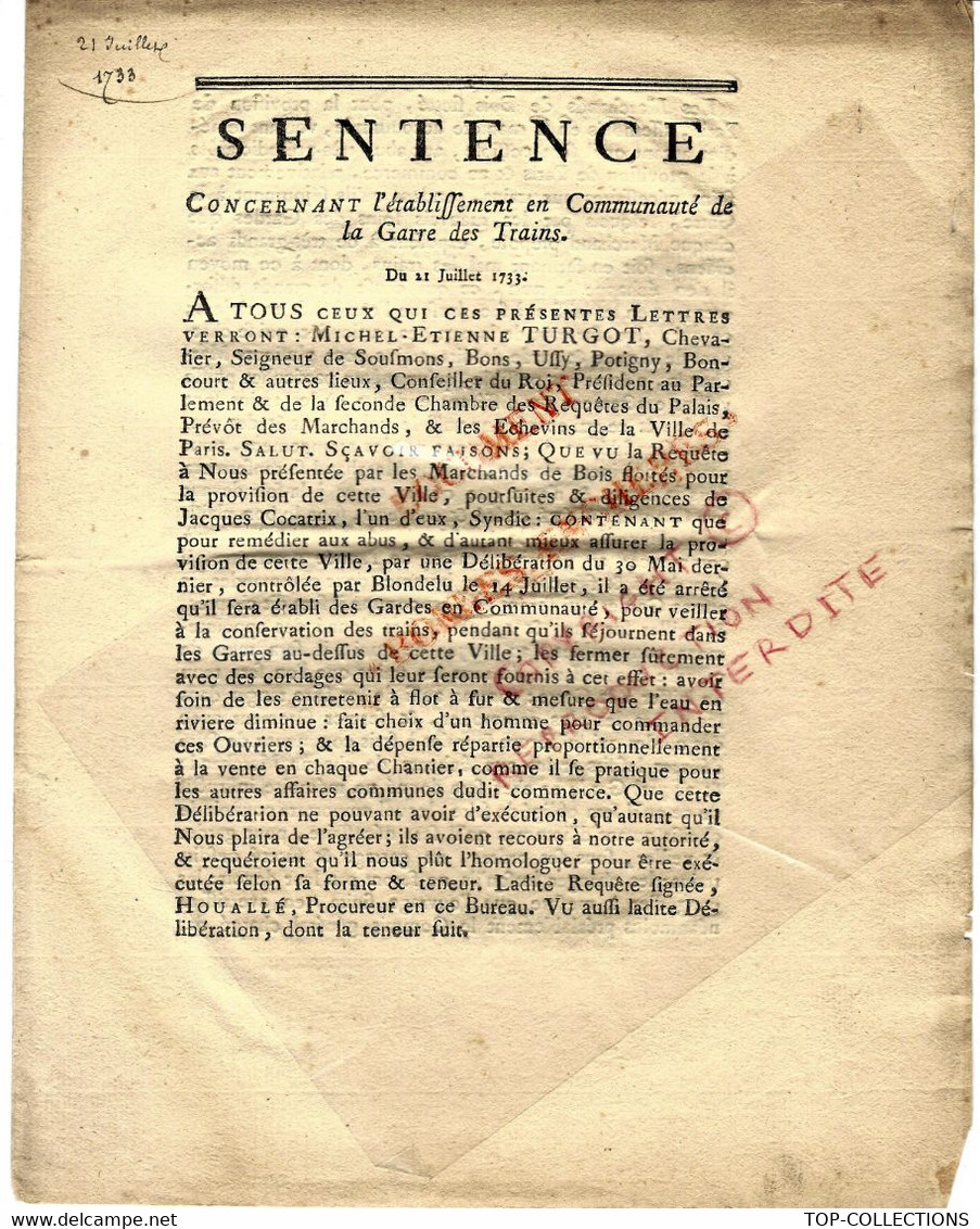 1733 PARIS APPROVISIONNEMENT BOIS SENTENCE CONCERNANT LA GARDE DES BOIS FLOTTES POUR LA VILLE DE PARIS B.E.V.SCANS - Documents Historiques