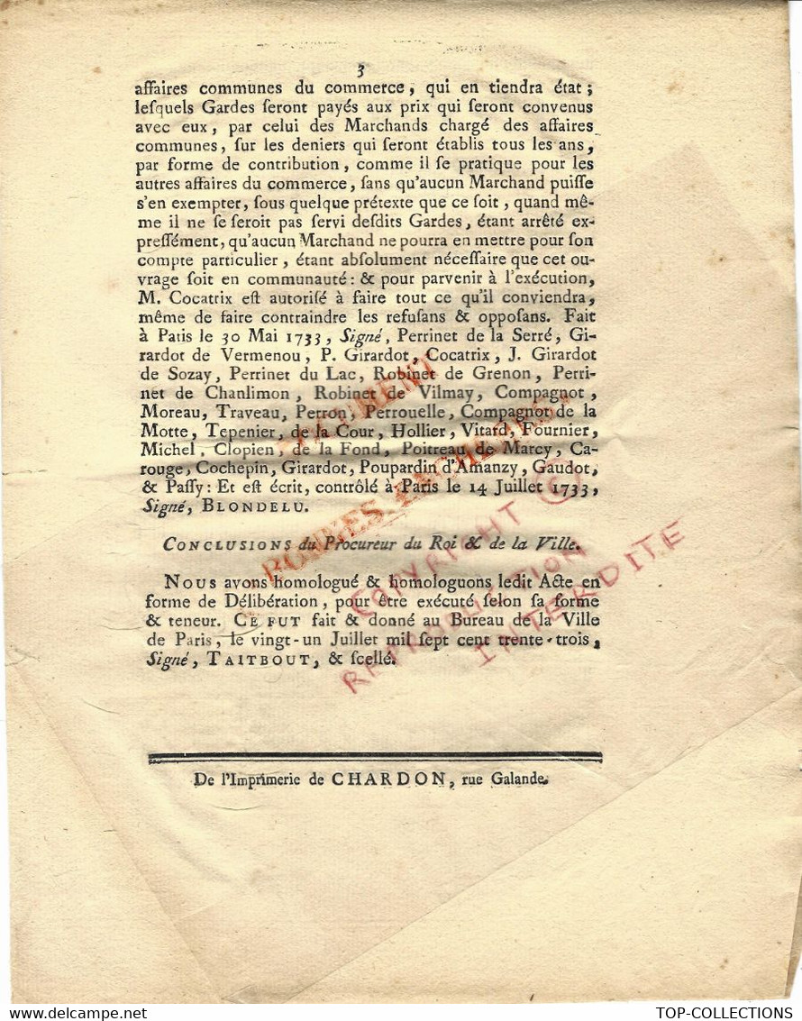 1733 PARIS APPROVISIONNEMENT BOIS SENTENCE CONCERNANT LA GARDE DES BOIS FLOTTES POUR LA VILLE DE PARIS B.E.V.SCANS - Historische Documenten