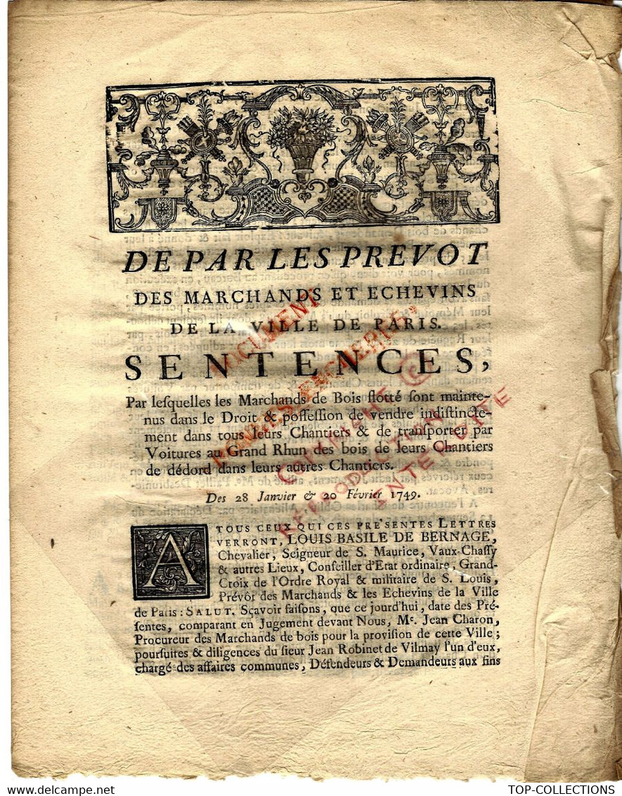 1749 APPROVISIONNEMENT PARIS SENTENCE CONCERNANT LA VENTE DES BOIS FLOTTES POUR LA VILLE DE PARIS B.E.V.SCANS - Historische Documenten