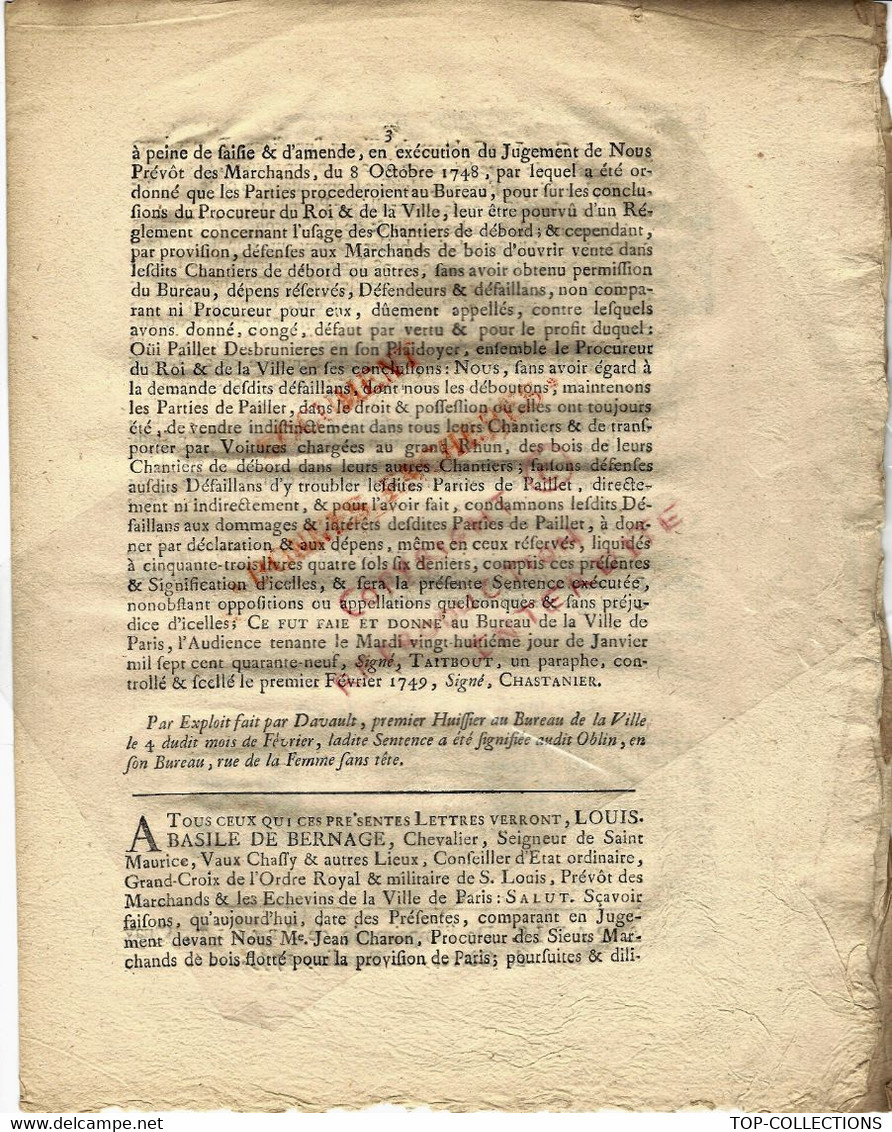 1749 APPROVISIONNEMENT PARIS SENTENCE CONCERNANT LA VENTE DES BOIS FLOTTES POUR LA VILLE DE PARIS B.E.V.SCANS - Historische Documenten