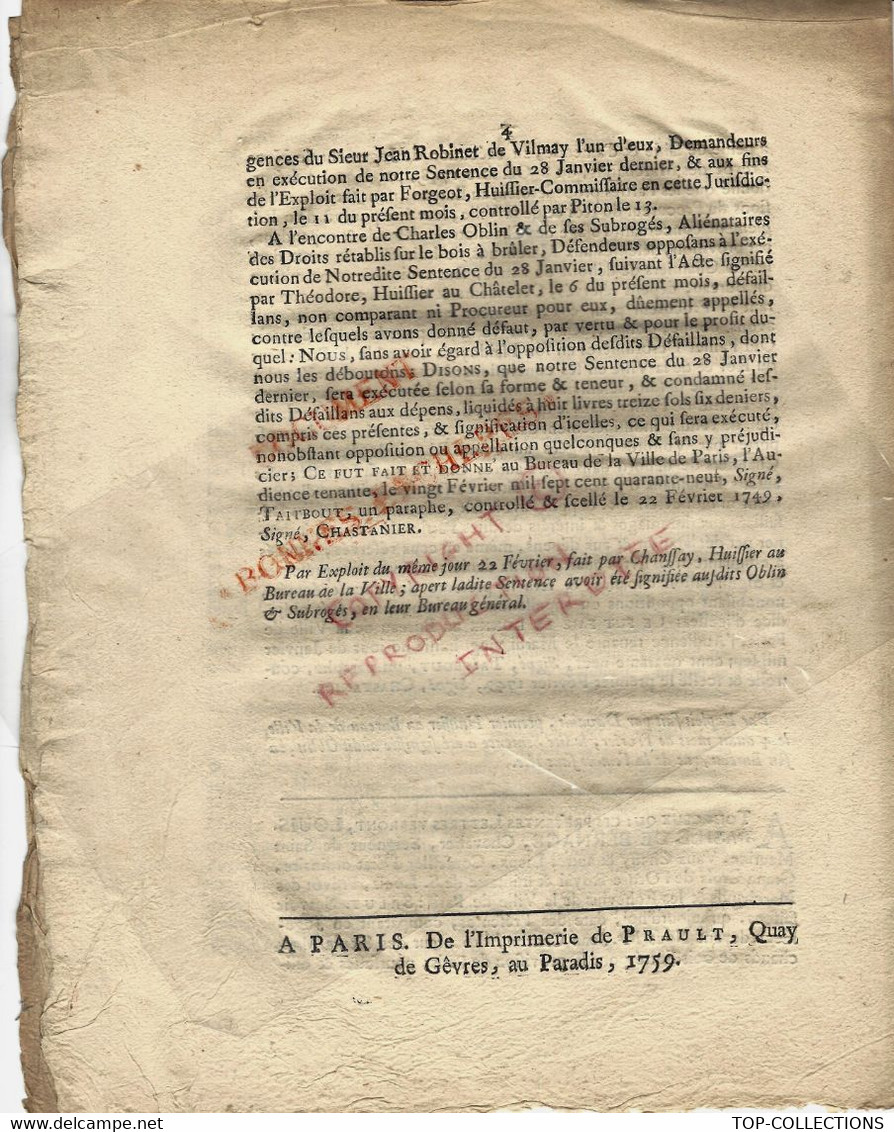 1749 APPROVISIONNEMENT PARIS SENTENCE CONCERNANT LA VENTE DES BOIS FLOTTES POUR LA VILLE DE PARIS B.E.V.SCANS - Documents Historiques