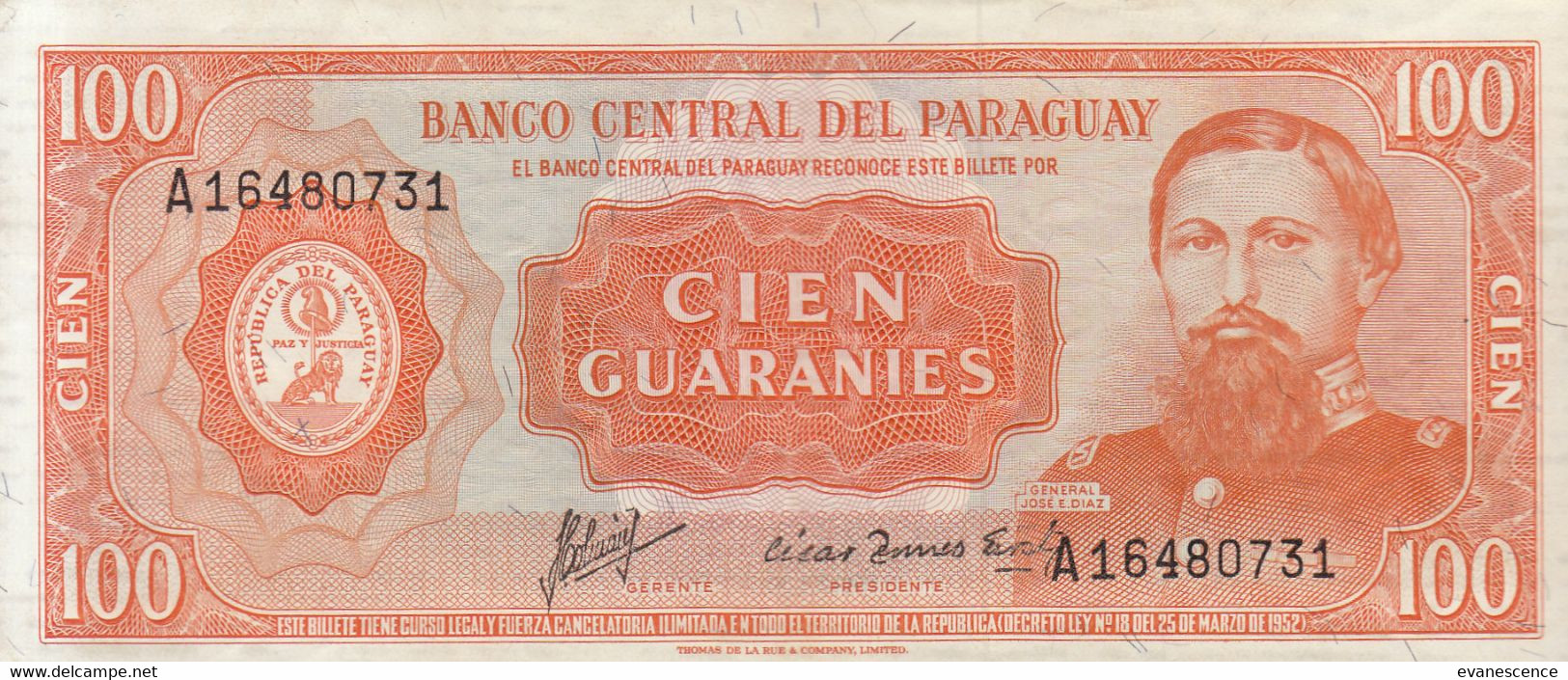 Billet  :  Paraguay : 100 Guaranies  ///  Réf. Fév.  22 / P17 - Paraguay