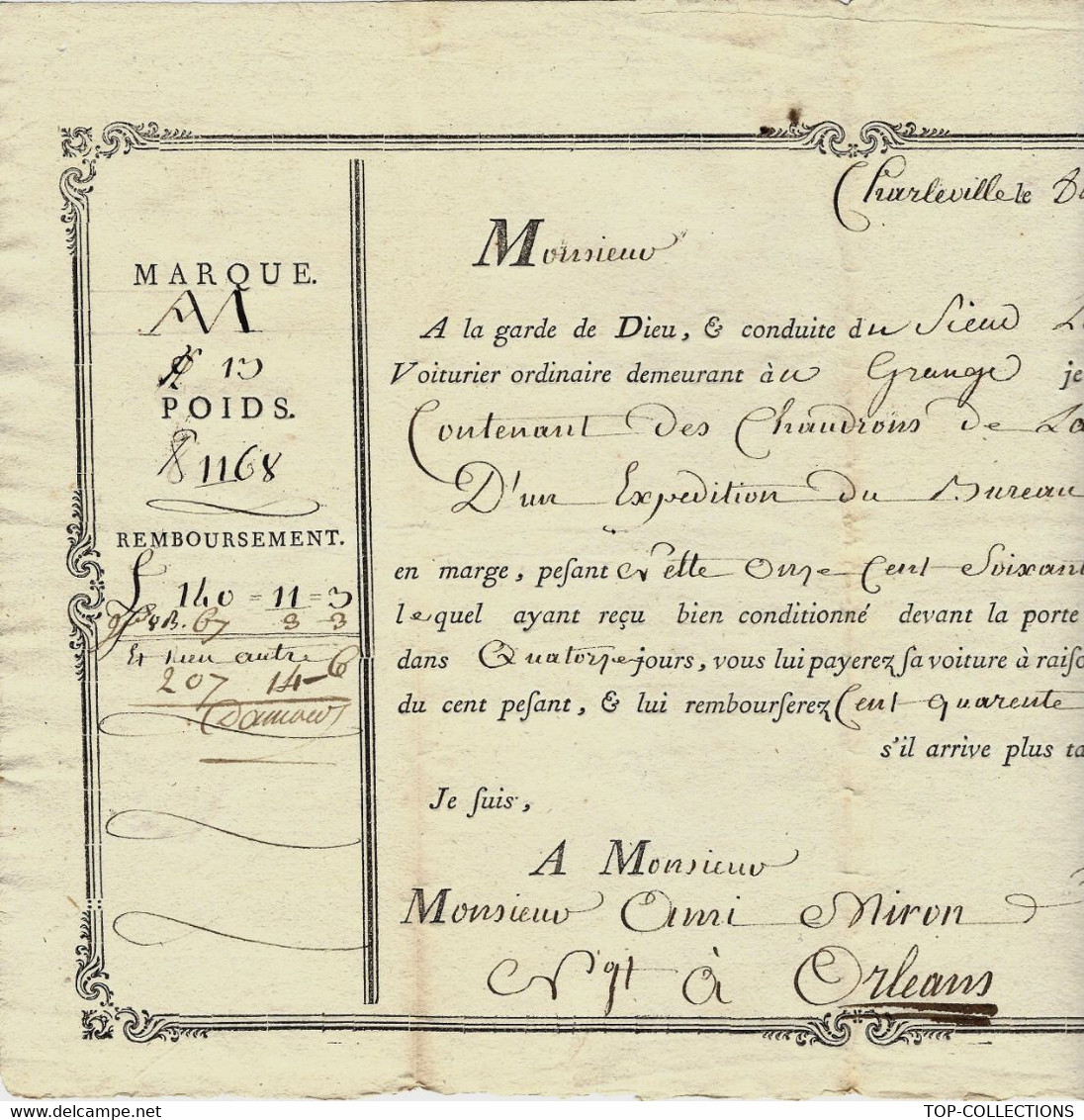 1787 GRAND FORMAT RARE LETTRE DE VOITURE ROULAGE VOITURIER Joseph Mineur à Charleville AVEC SIGNATURE B.E.V.SCANS - ... - 1799