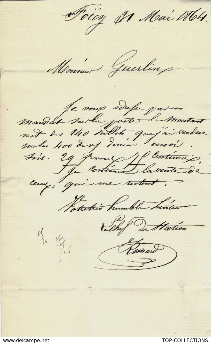 1864 FOECY (Cher) Rimard à Mr. Guerlin GERANT LOTERIE DU MUSEE NAPOLEON à Amiens  V. TEXTE+ HISTORIQUE B.E. V. SCANS - Documents Historiques