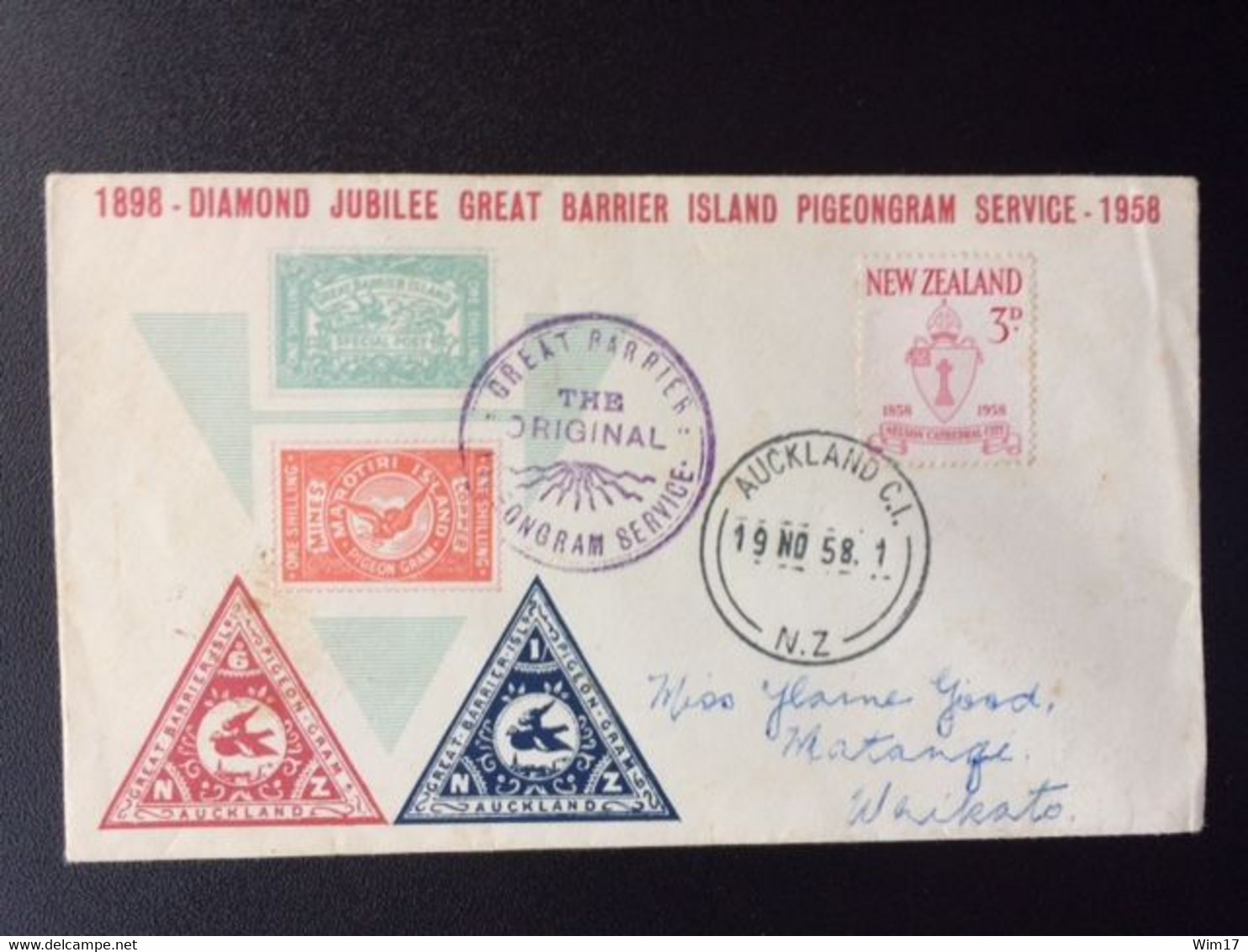 NEW ZEALAND 1958 GREAT BARRIER ISLAND PIGEONGRAM SERVICE 19-11-1958 TO WAIKATO NIEUW ZEELAND - Cartas & Documentos
