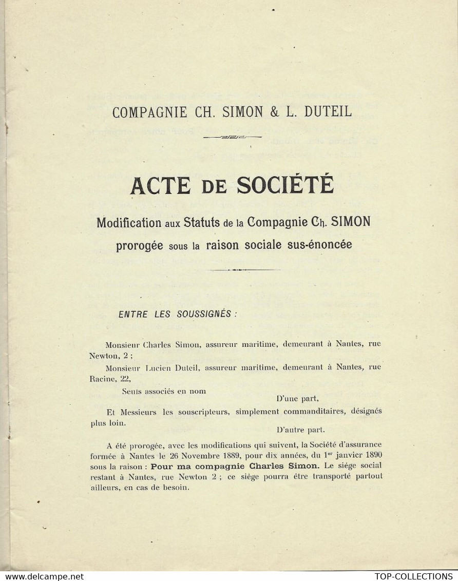 COMMERCE NAVIGATION ASSURANCES NANTES 1911 SIMON & DUTEIL . STATUTS COMPLETS SOCIETE ASSURANCES MARITIMES B.E. - Historische Documenten