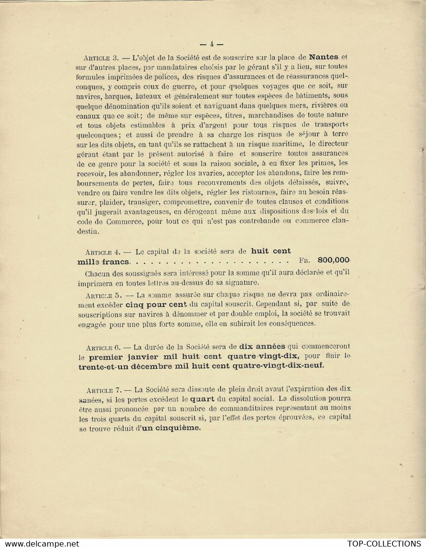 NAVIGATION ASSURANCES MARITIMES NANTES 1890 Charles SIMON STATUTS COMPLETS SOCIETE D'ASSURANCES MARITIMES - Historische Documenten