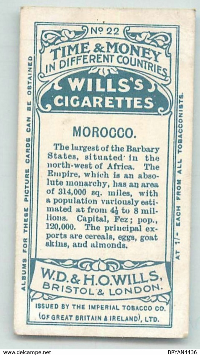 CARTE CIGARETTES  WILLS - TIME & MONEY In Different Countries - " MOROCCO " - TRES BON ETAT - Wills