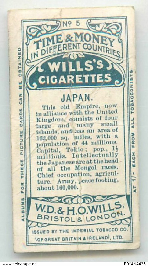 CARTE CIGARETTES  WILLS - TIME & MONEY In Different Countries - " JAPAN - JAPON " - Voir Deux Scans - Wills