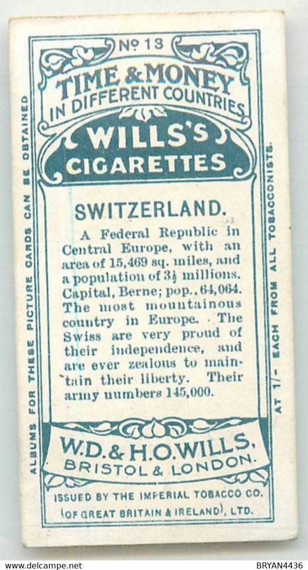 CARTE CIGARETTES  WILLS - TIME & MONEY In Different Countries - " SWITZERLAND - SUISSE " - TRES BON ETAT - Wills