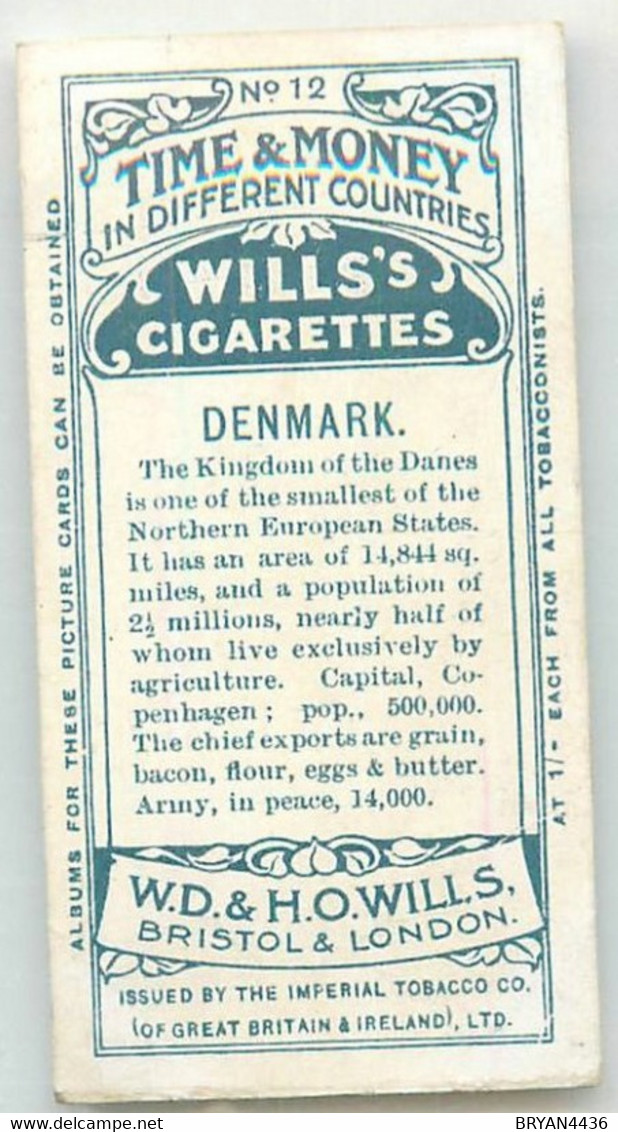 CARTE CIGARETTES  WILLS - TIME & MONEY In Different Countries - " DENMARK - DANEMARK " - TRES BON ETAT - Wills