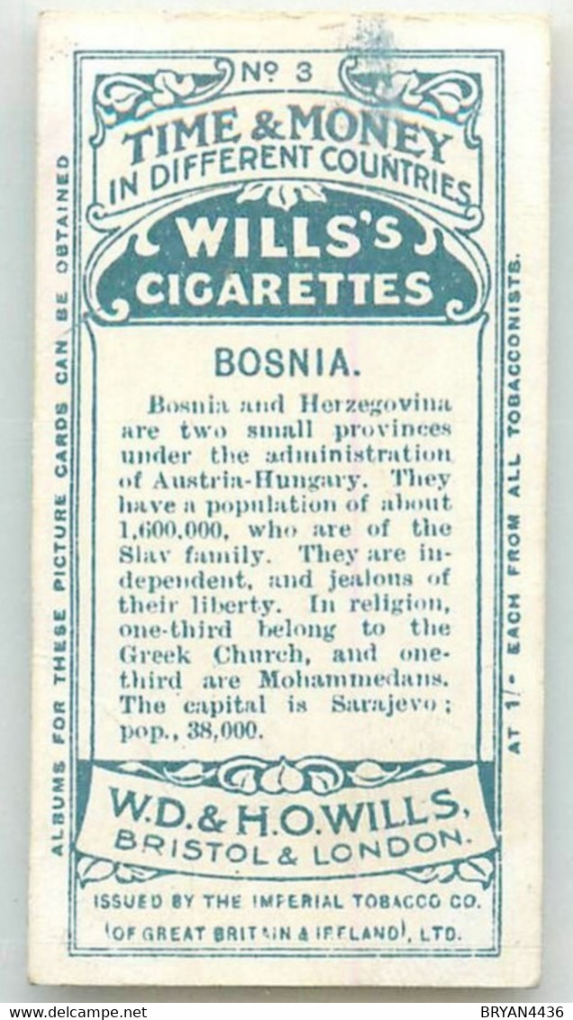 CARTE CIGARETTES  WILLS - TIME & MONEY In Different Countries - " BOSNIA - BOSNIE " - TRES BON ETAT - Wills