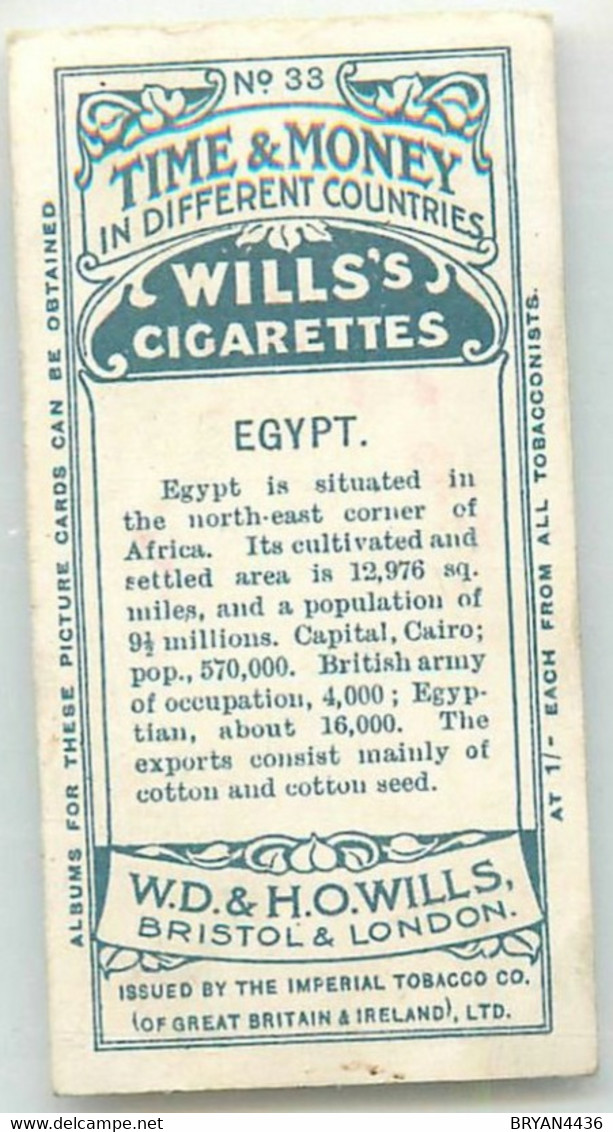 CARTE CIGARETTES  WILLS - TIME & MONEY In Different Countries - " EGYPT - EGYPTE " - TRES BON ETAT - Wills