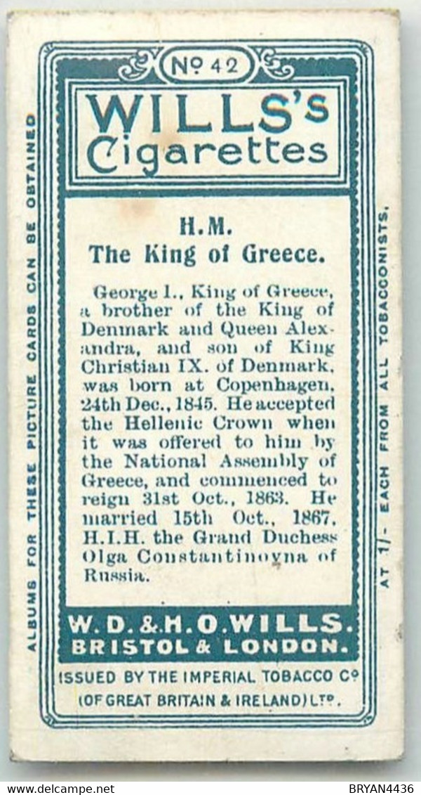 CARTE CIGARETTES  WILLS - H. M. THE KING OF GREECE - TRES BON ETAT - Wills